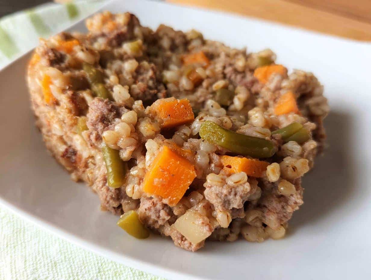 Close-up of a portion of Soft Lamb Barley Senior Plate, showing ground lamb mixed with barley and diced carrots and green beans.