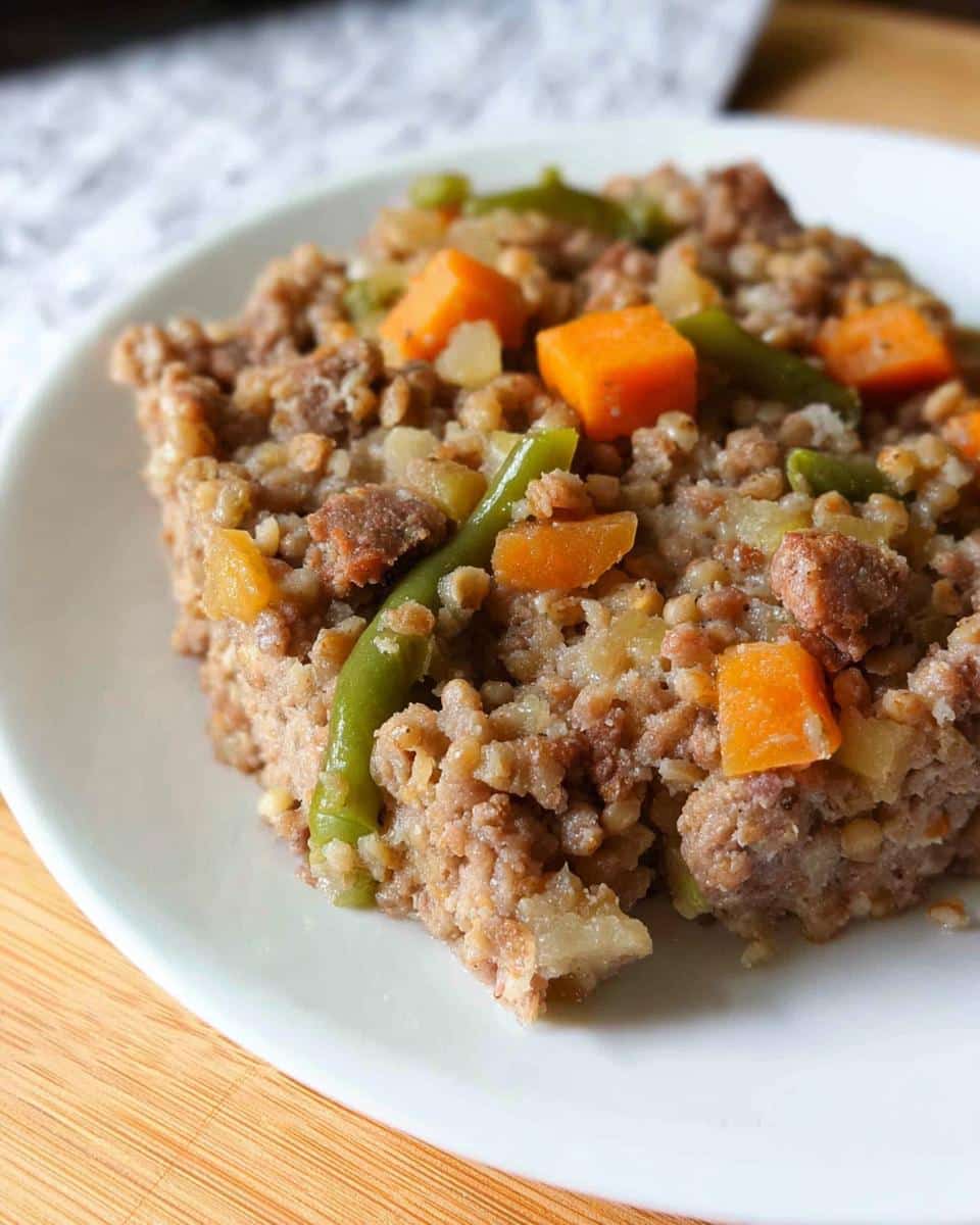 A close-up of a portion of Soft Lamb Barley Senior Plate, showing ground lamb mixed with barley and soft diced vegetables like carrots and green beans.