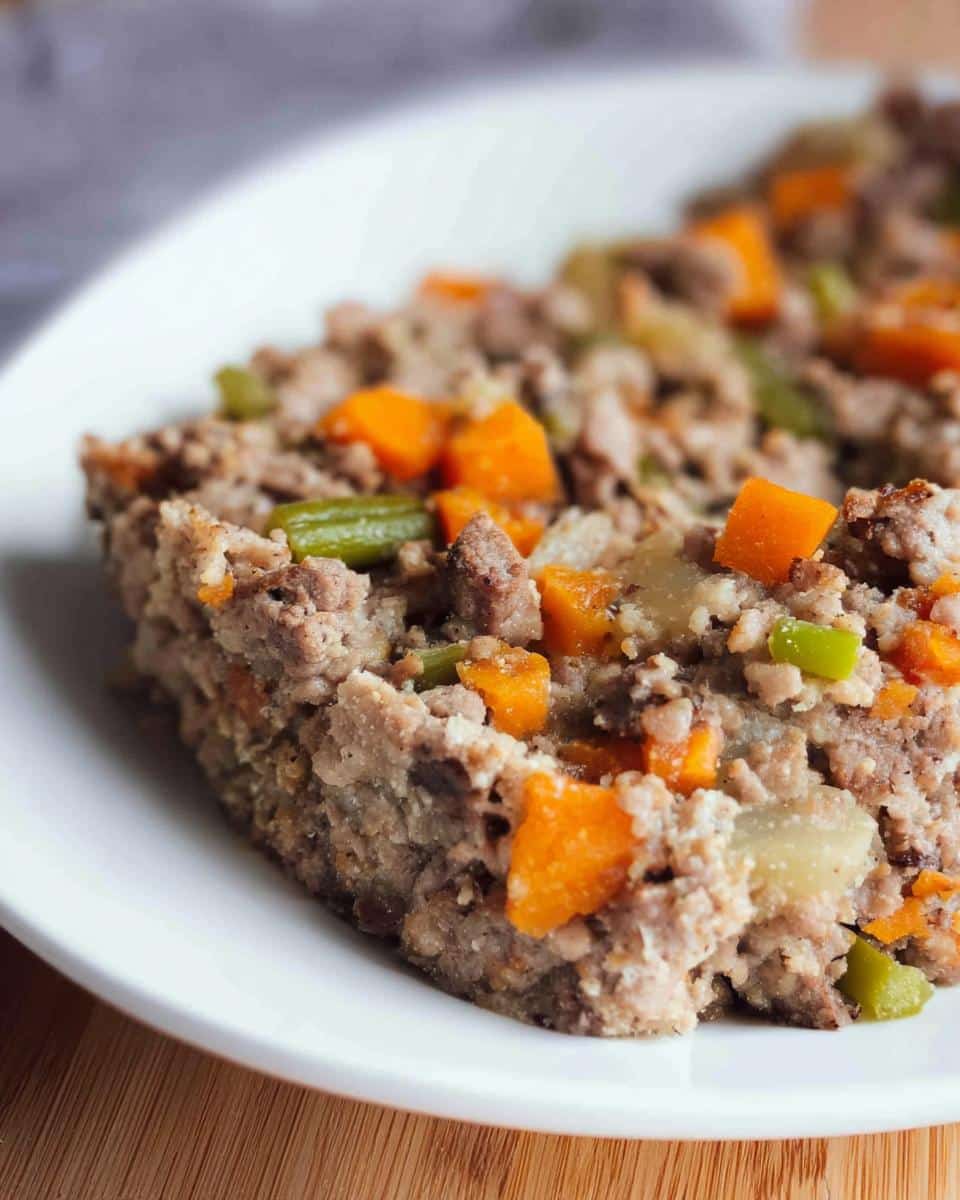 Close-up of a portion of Soft Lamb Barley Senior Plate, showing ground lamb mixed with soft chunks of orange carrots and green beans.