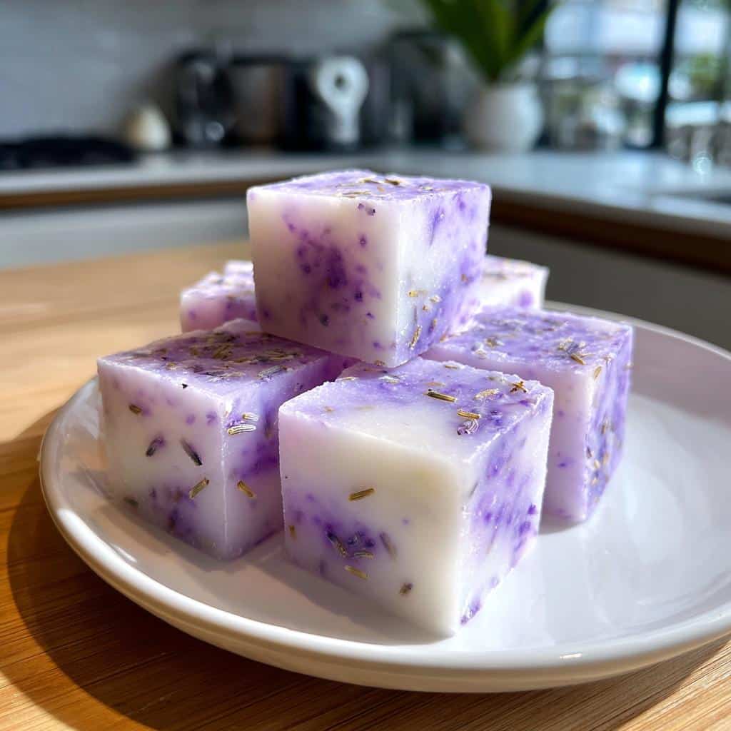 Close-up of several square, purple and white soothing lavender dog gelatin treats cubes stacked on a white plate.