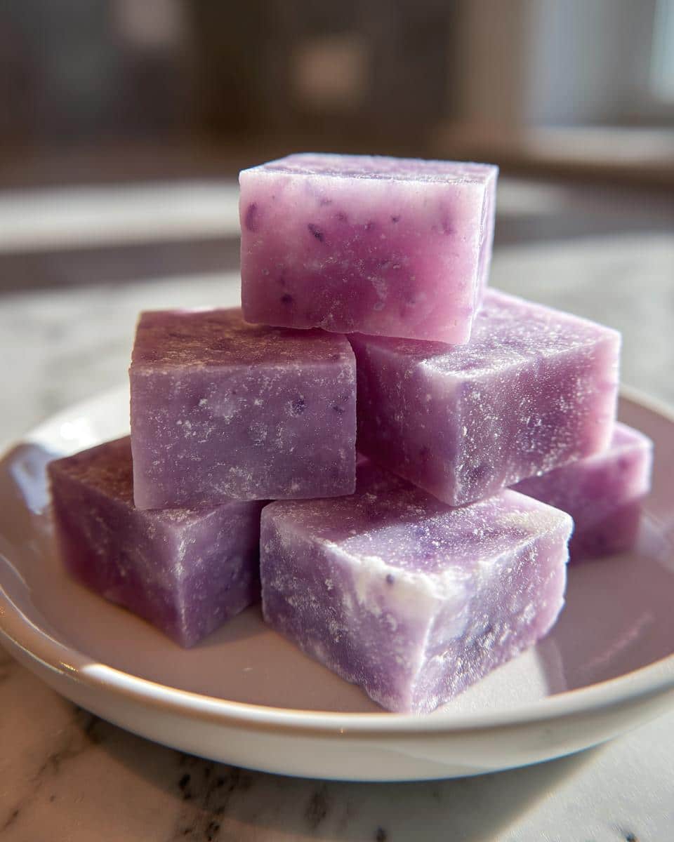 A stack of five purple, cube-shaped soothing lavender dog gelatin treats resting on a small white dish.