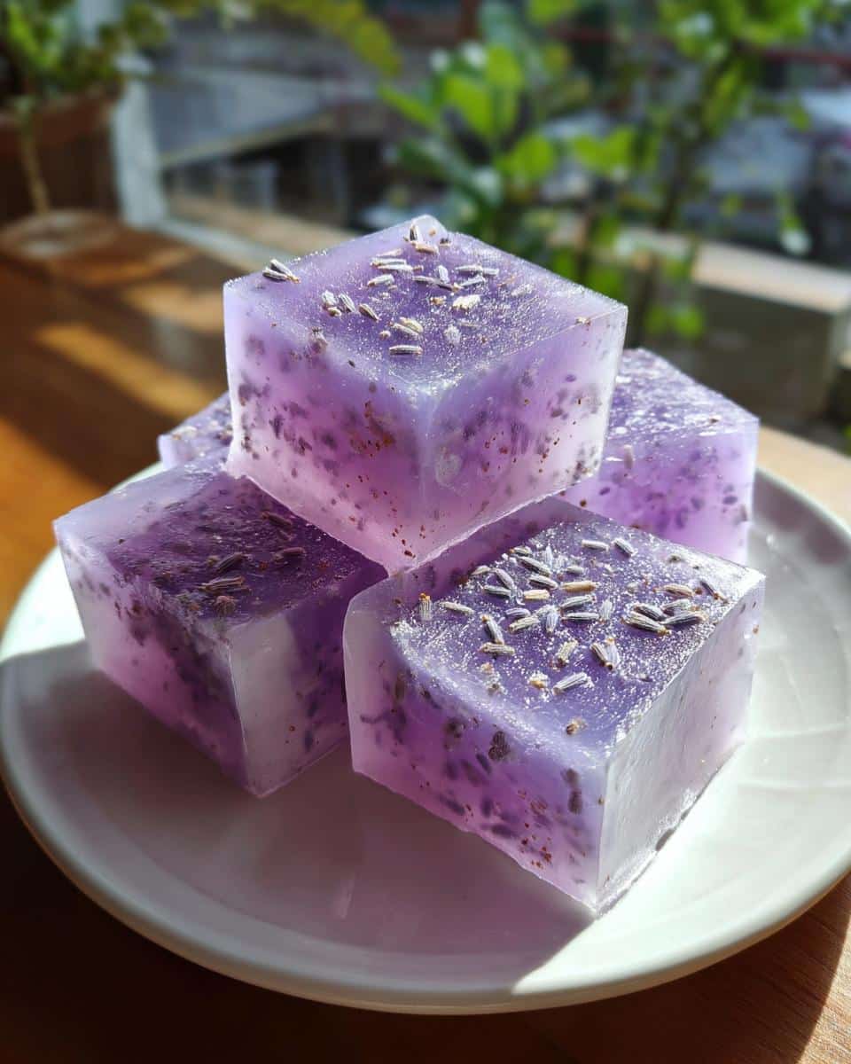 Four purple, translucent cubes of soothing lavender dog gelatin treats stacked on a white plate, topped with dried lavender buds.