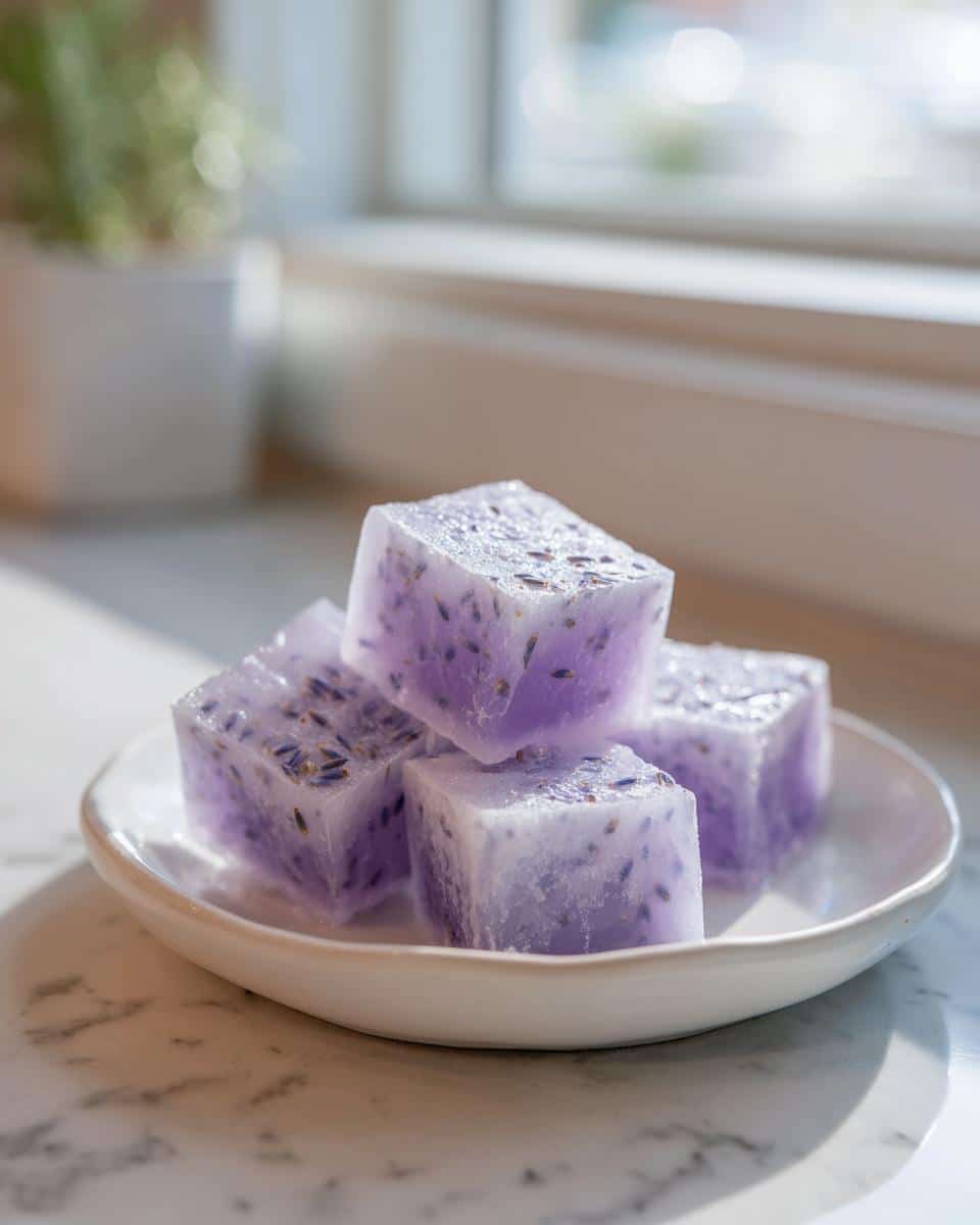 Four purple, cube-shaped soothing lavender dog gelatin treats with visible lavender buds on a small white dish.
