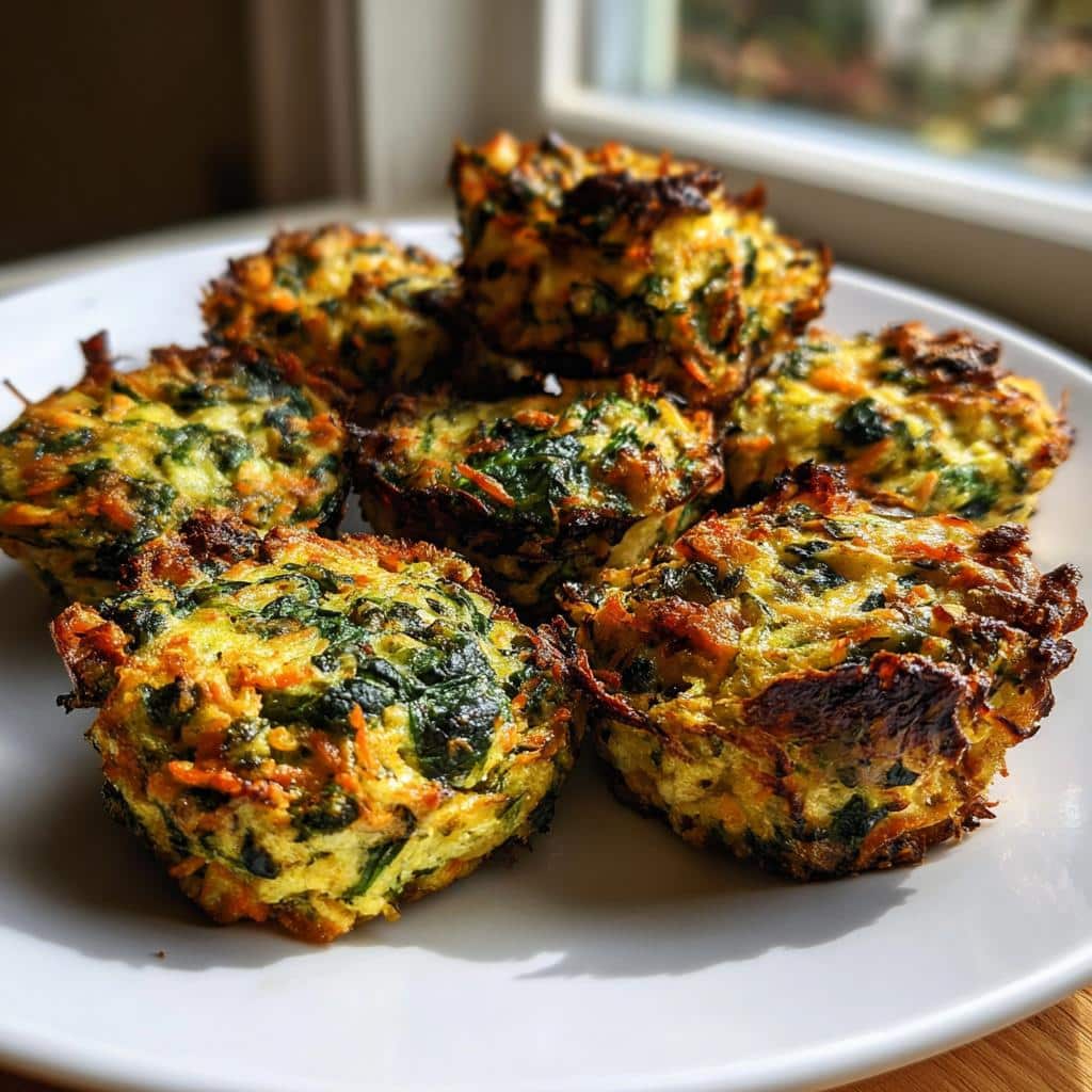 A plate of freshly baked, golden brown Spinach & Carrot Bites packed with visible green spinach and orange carrot shreds.