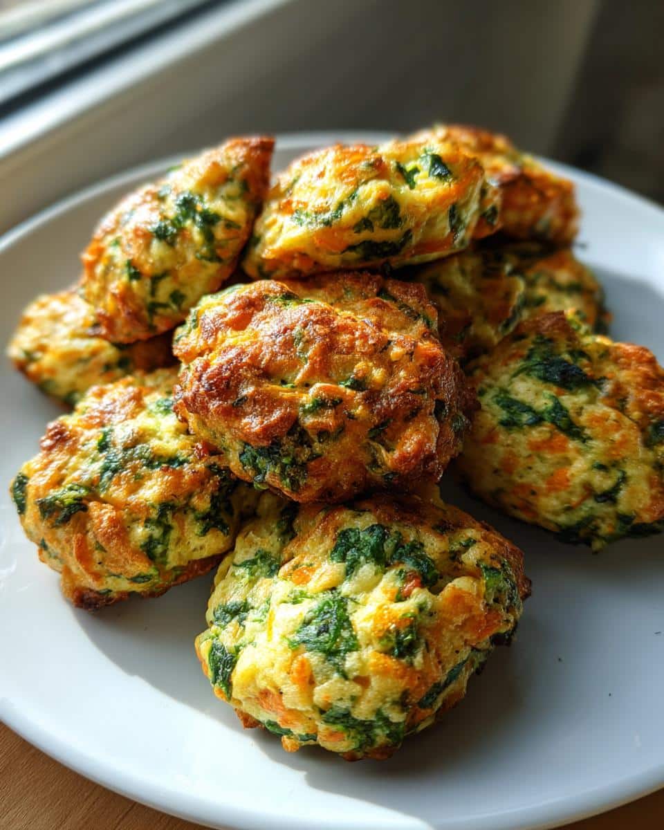 A pile of golden-brown, baked Spinach & Carrot Bites featuring visible green spinach and orange carrot pieces.
