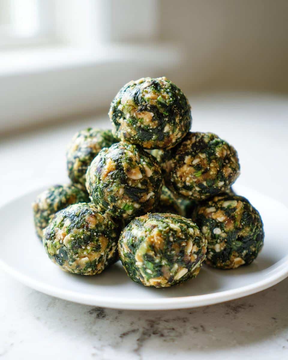 A stack of dark green Spinach & Peanut Butter Bites piled on a white plate, showing visible chunks of spinach and peanut butter mixture.