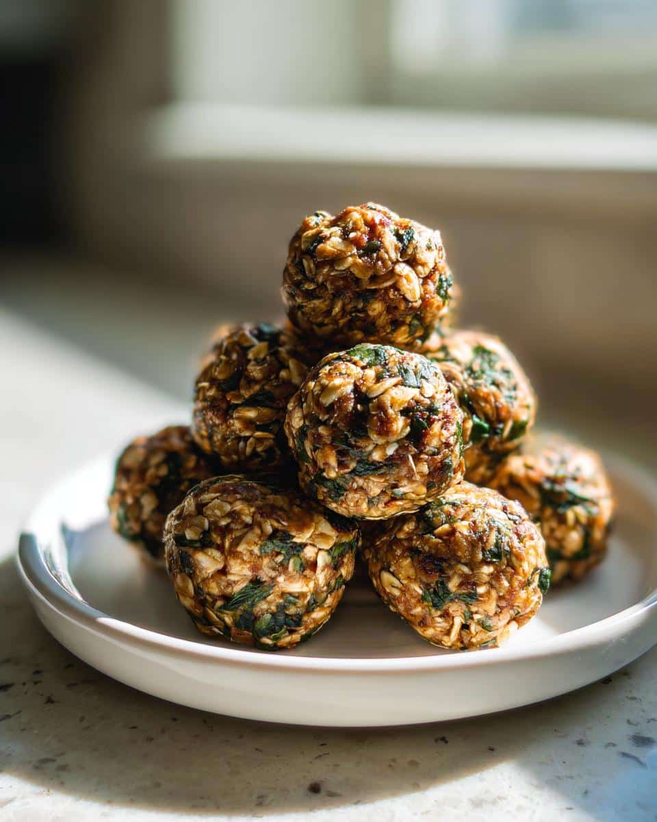 A stack of homemade Spinach & Peanut Butter Bites made with oats and visible green spinach pieces, served on a small white plate.