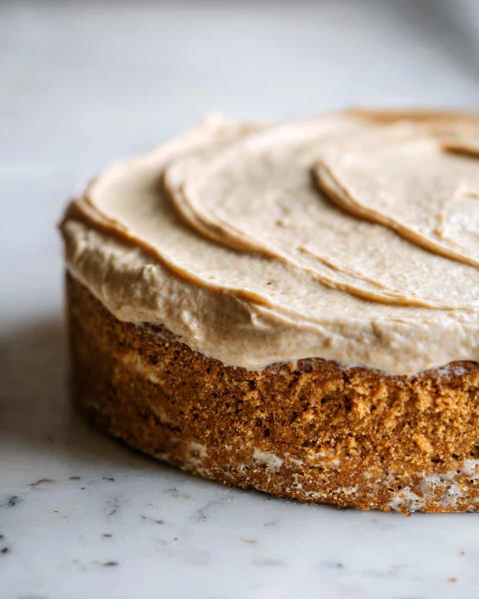 Close-up of a round, un-sliced Spoiled Dog Cake with thick, swirled peanut butter-colored frosting on top.