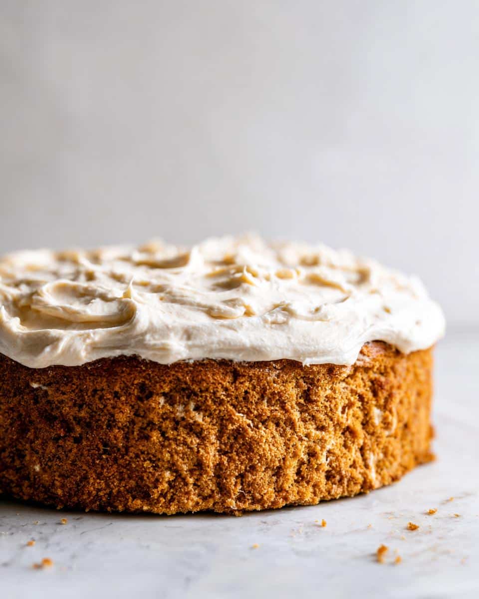 Close-up of a rich, brown, single-layer Spoiled Dog Cake topped with thick, swirled, light-colored frosting.