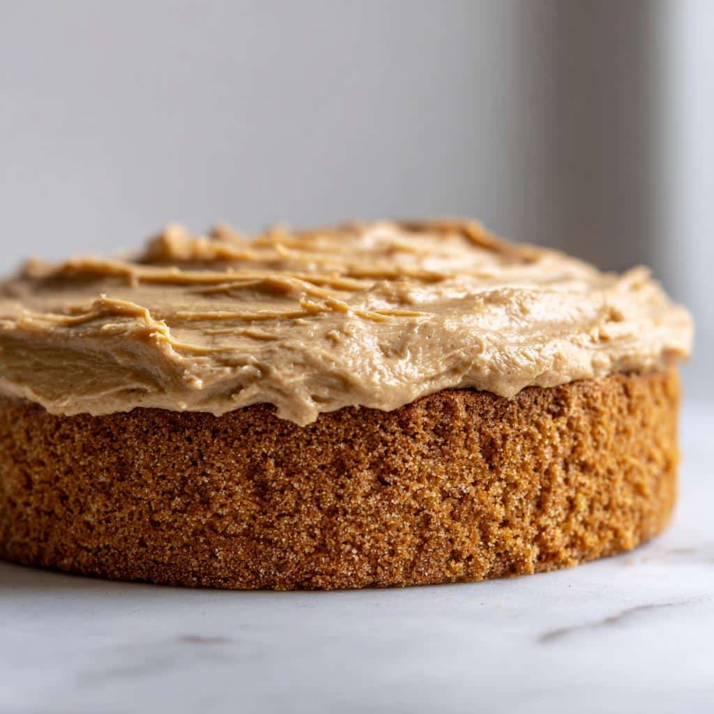 Close-up of a single-layer Spoiled Dog Cake with thick, textured peanut butter-colored frosting.