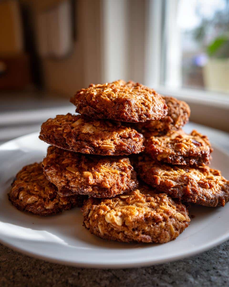 A stack of golden brown, textured bacon dog treats piled high on a white plate near a window.