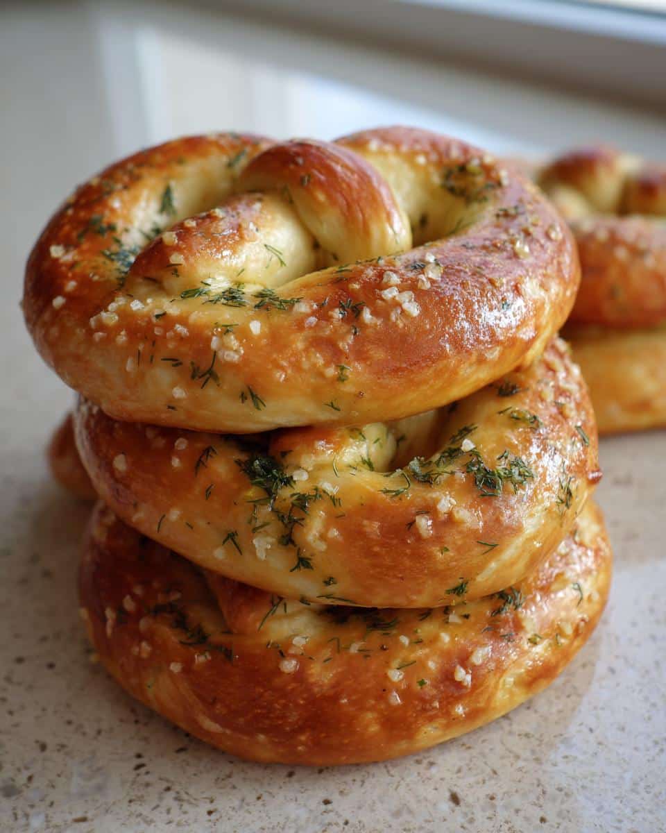 A close-up stack of three freshly baked Dill Pretzels, glistening and topped with coarse salt and chopped fresh dill.