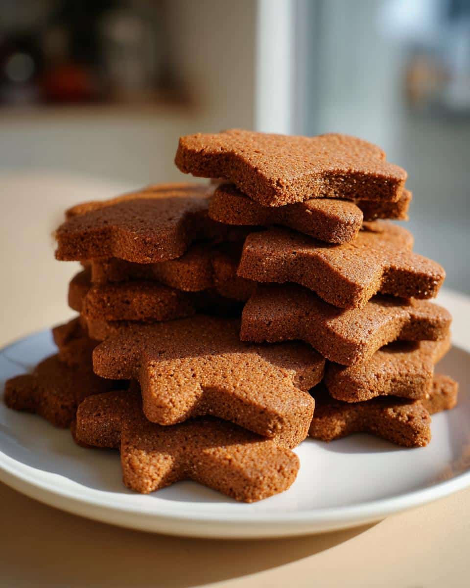 A tall stack of undecorated, brown Gingerbread Dog Cookies Treats piled high on a white plate.