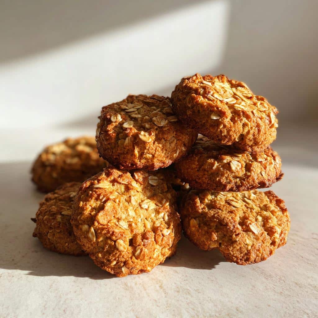 A stack of freshly baked, golden brown Oat dog cookies topped with visible rolled oats, sitting in bright sunlight.