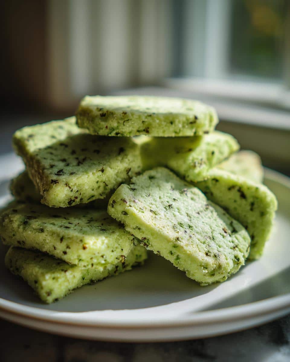 A stack of light green, rectangular mint pet treats flecked with dark herbs, resting on a white plate.