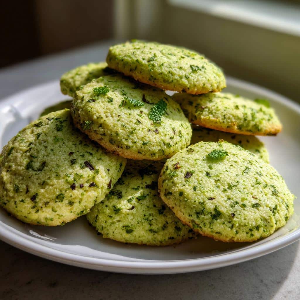 Close-up of a stack of bright green, round mint pet treats garnished with fresh mint leaves.