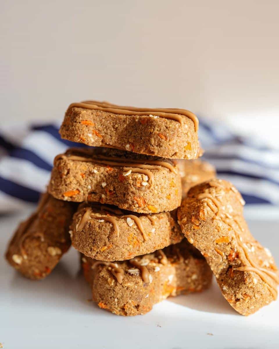 A stack of homemade peanut butter dog treats, featuring visible carrot shreds and a peanut butter drizzle topping.
