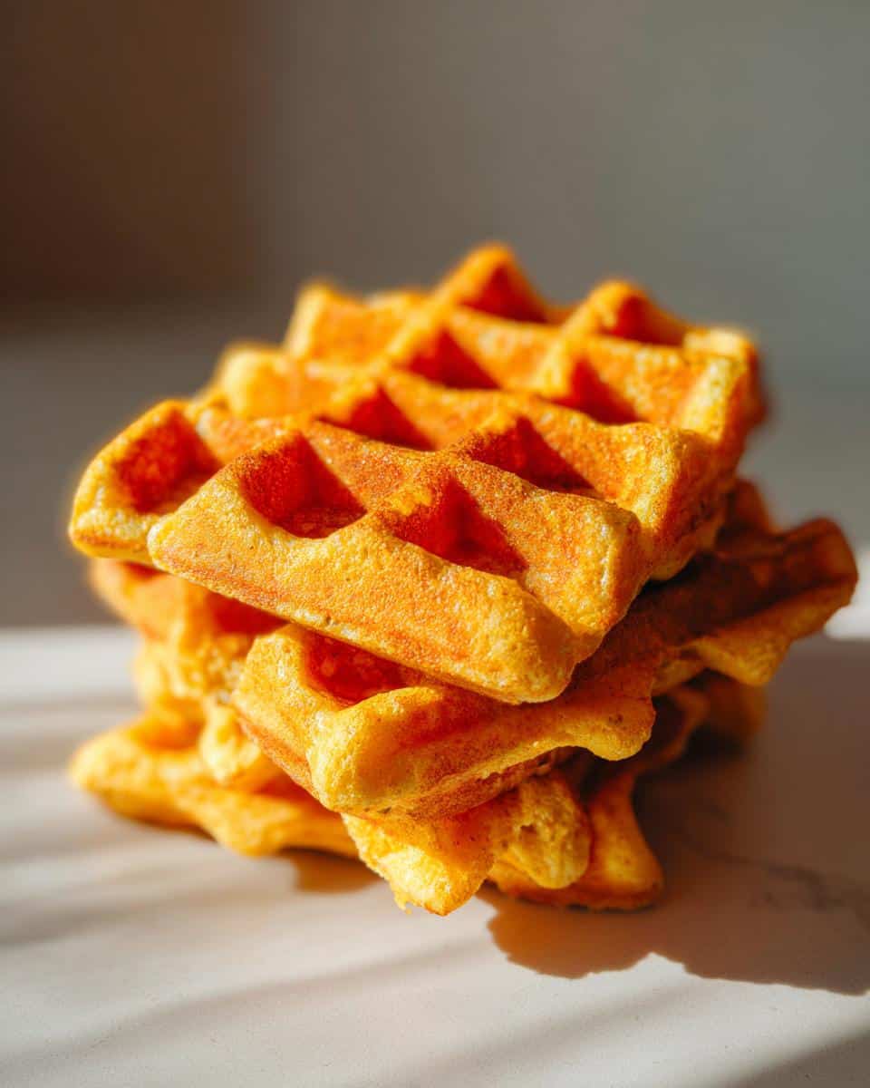 A close-up stack of golden, square Pumpkin Dog Waffles catching the sunlight.