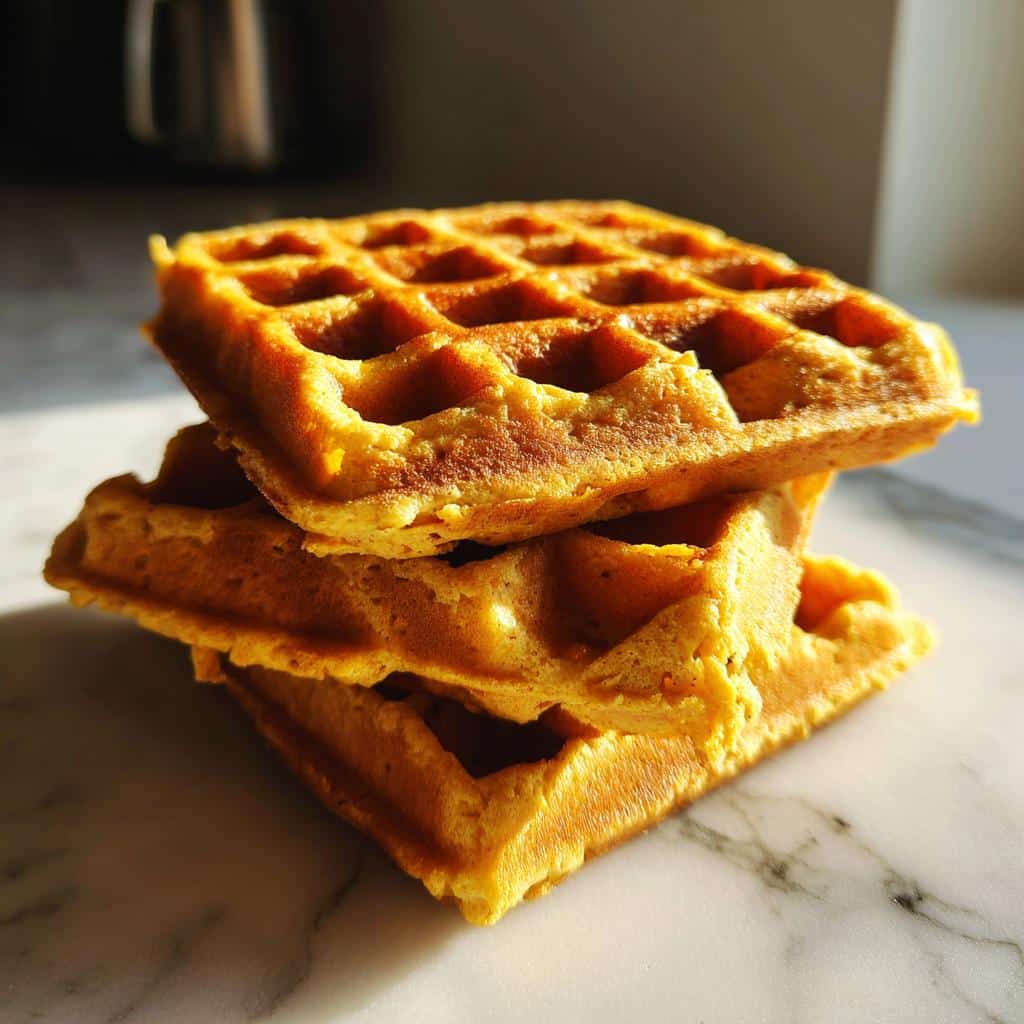 A stack of three golden-orange Pumpkin Dog Waffles resting on a white marble surface.