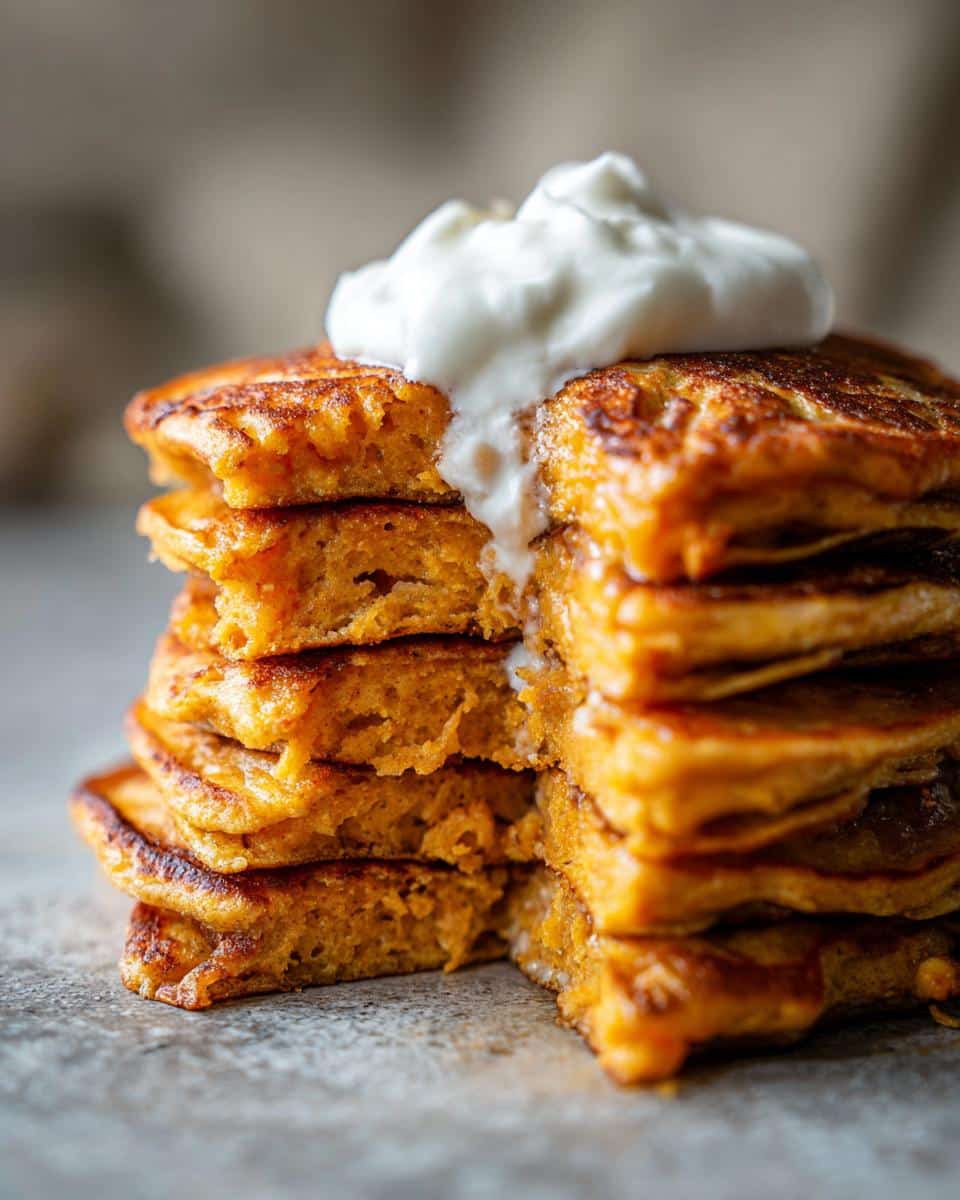 Close-up of a tall stack of orange Pumpkin Pancakes For Dogs topped with a dollop of white yogurt or cream.