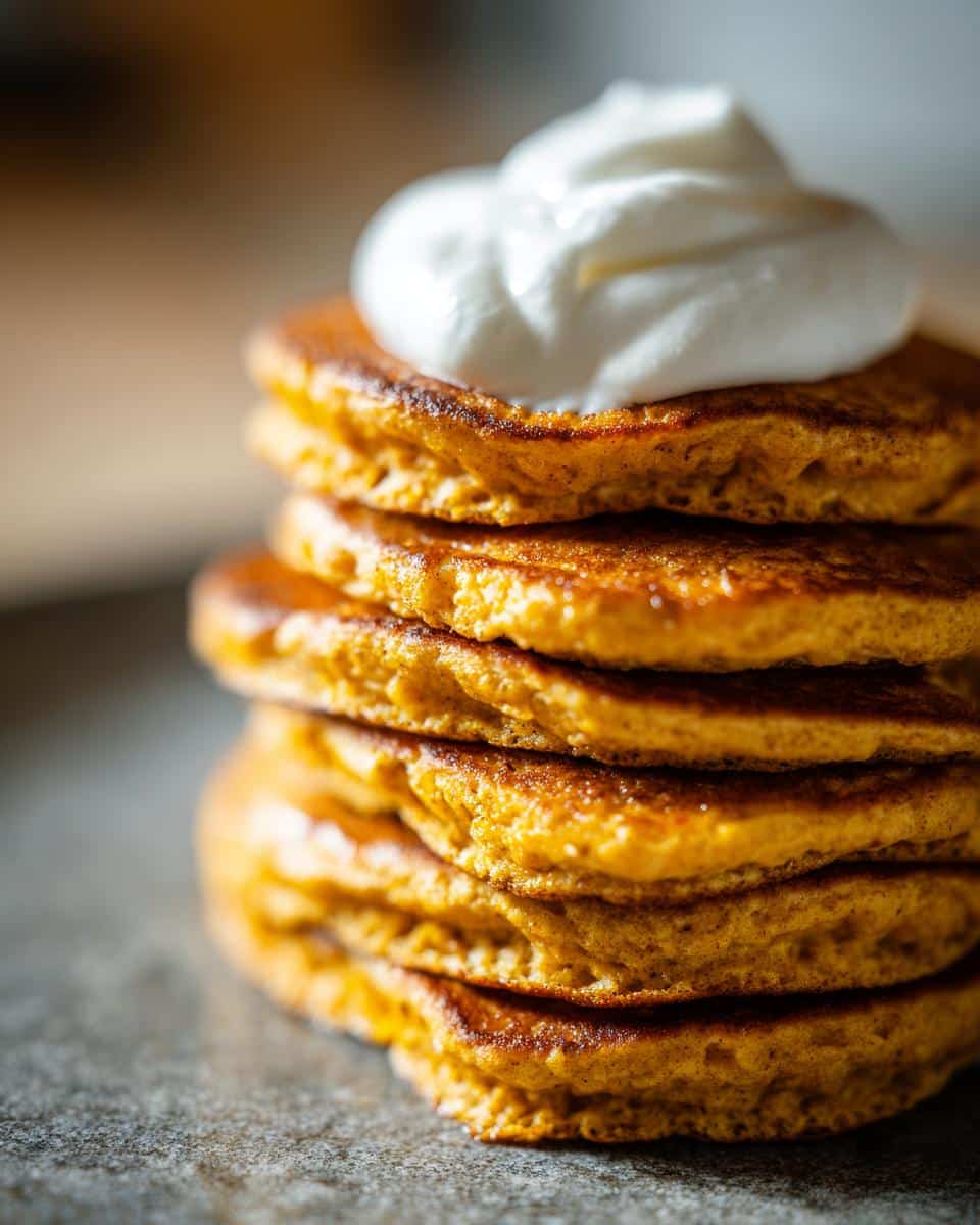 Close-up of a tall stack of golden Pumpkin Pancakes For Dogs topped with a dollop of white cream.