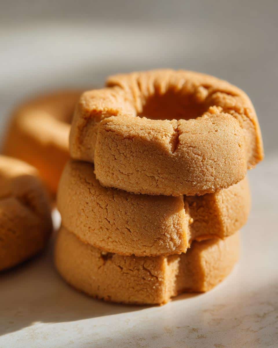 Close-up of three stacked, golden-brown dog treats using silicone mold, shaped like small donuts.