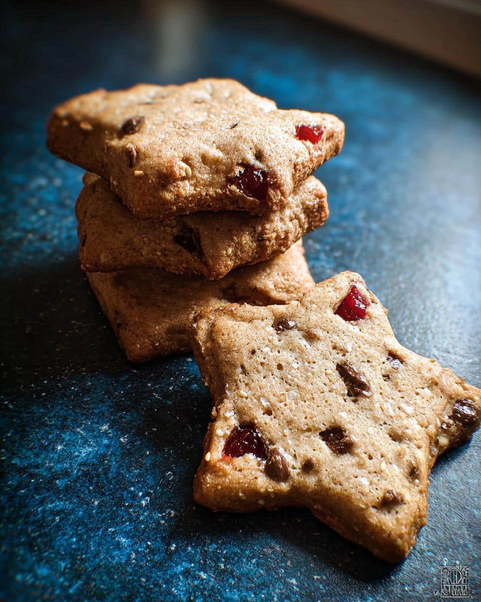 A stack of star-shaped Maraschino Cherry Chocolate Chip Cookies on a dark blue textured surface.
