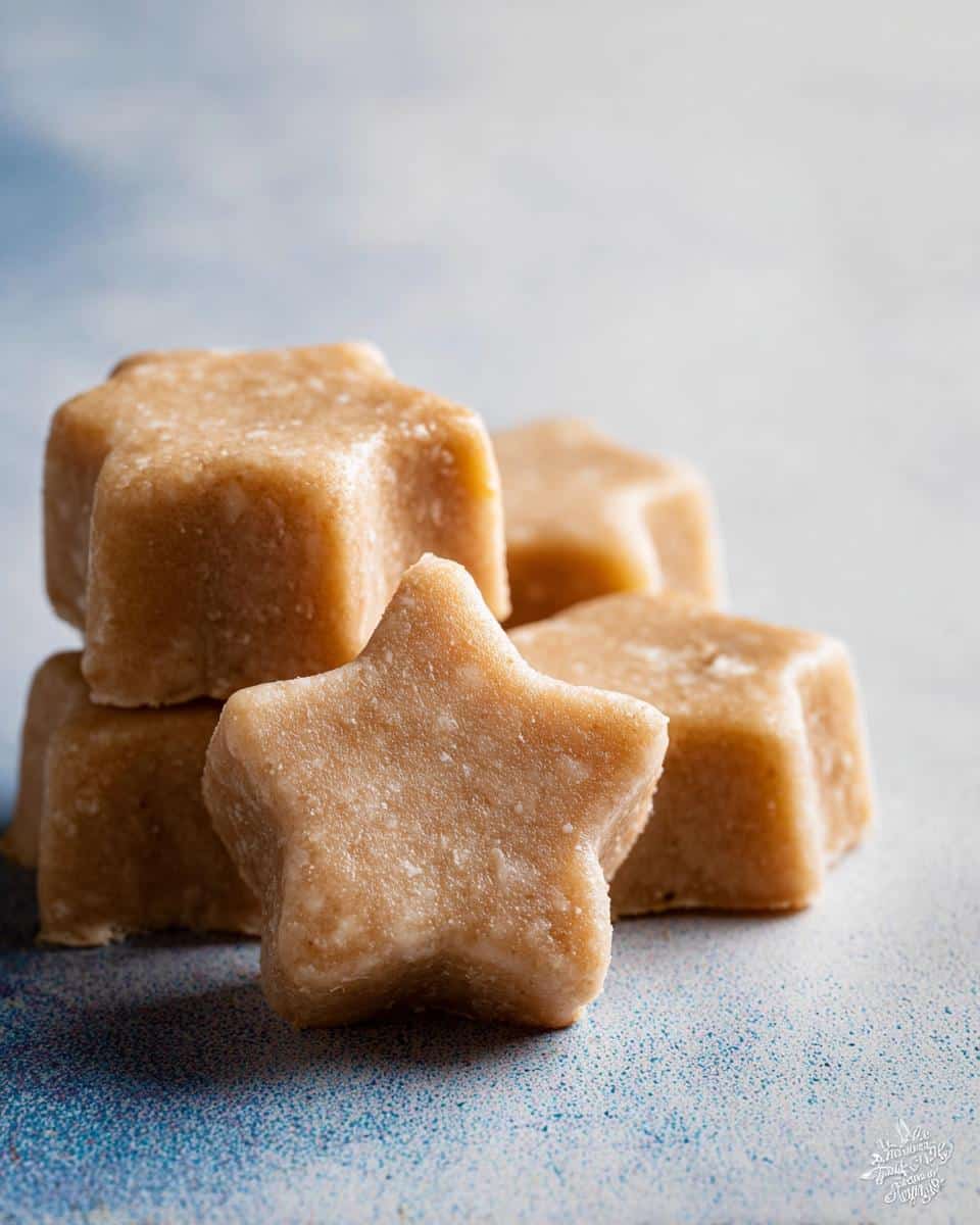 A stack of star-shaped peanut butter and banana frozen dog treats on a light blue, textured surface.