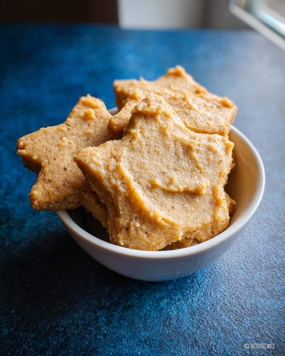 Star-shaped portions of soft, mashed Turkey-Free Soft Beef Pup Meal served in a small white bowl.
