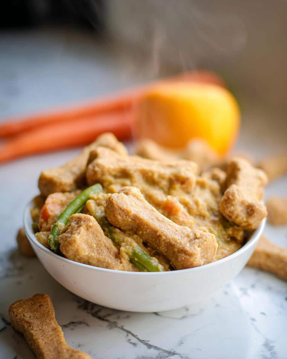 Steaming bowl of Cottage Cheese Rice Soft Meal mixed with vegetables and topped with bone-shaped treats.