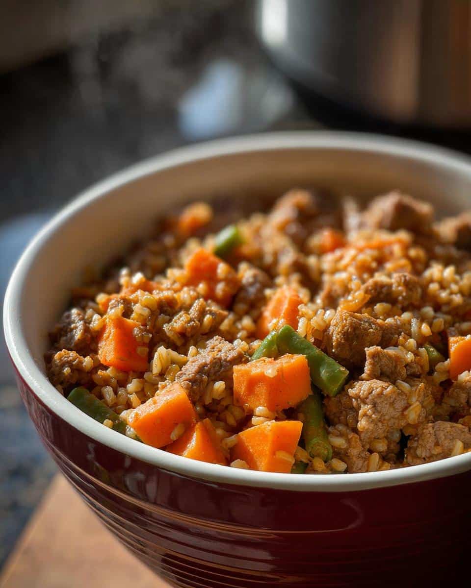 Close-up of a steaming bowl filled with homemade Dog Food in the Crockpot, featuring ground meat, brown rice, carrots, and green beans.