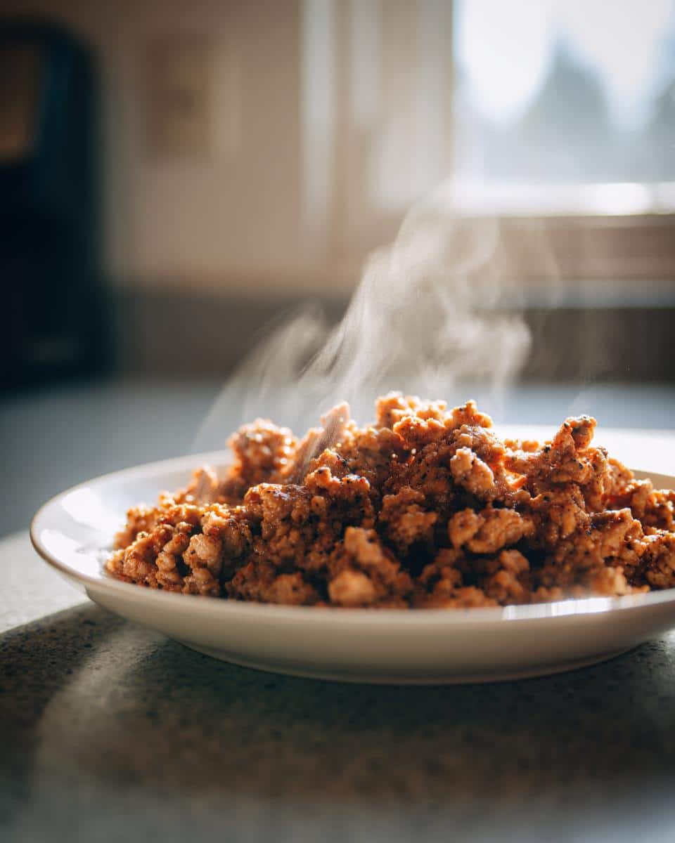 A close-up of freshly cooked, seasoned ground turkey steaming on a white plate, ready for a quick dinner.