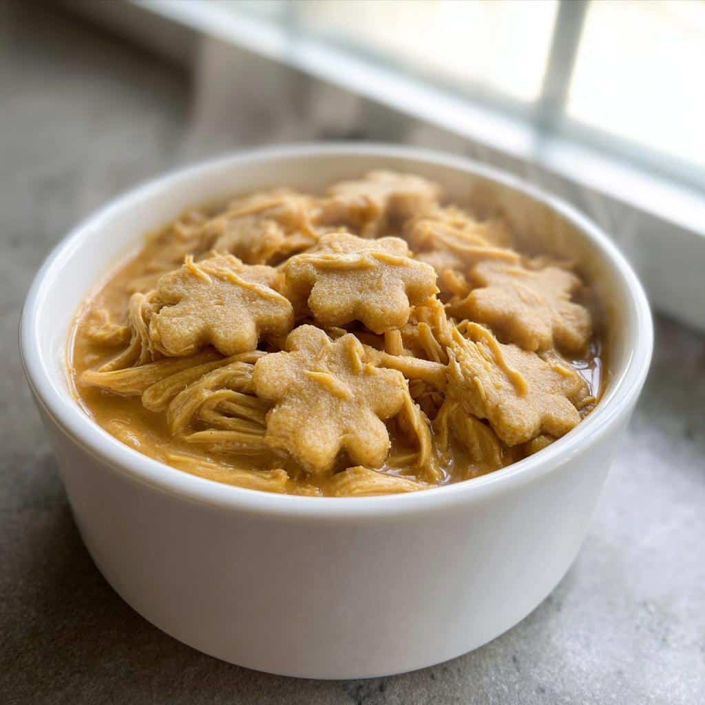 A white bowl filled with steaming Peanut Butter Chicken Broth, shredded chicken, and topped with flower-shaped crackers.
