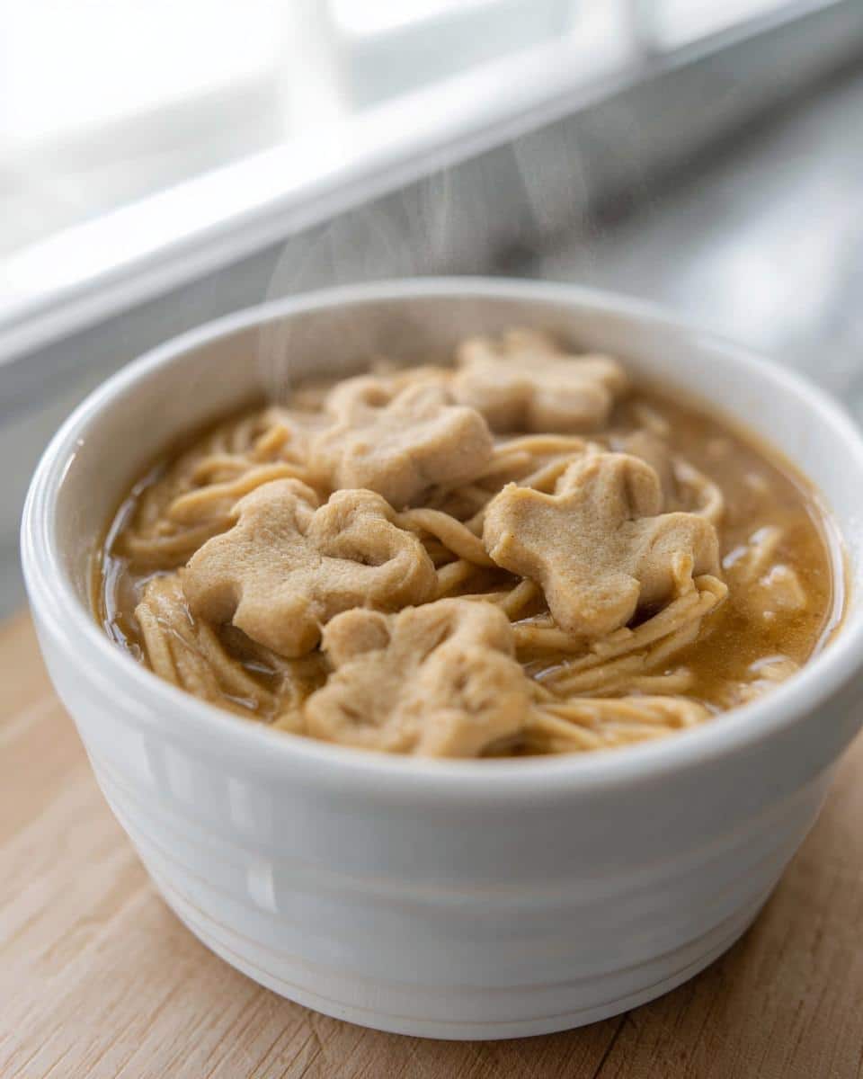A steaming white bowl filled with noodles and shaped dumplings in rich Peanut Butter Chicken Broth.