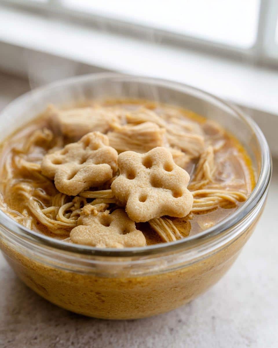Close-up of steaming Peanut Butter Chicken Broth served in a clear bowl with noodles and topped with paw-shaped crackers.