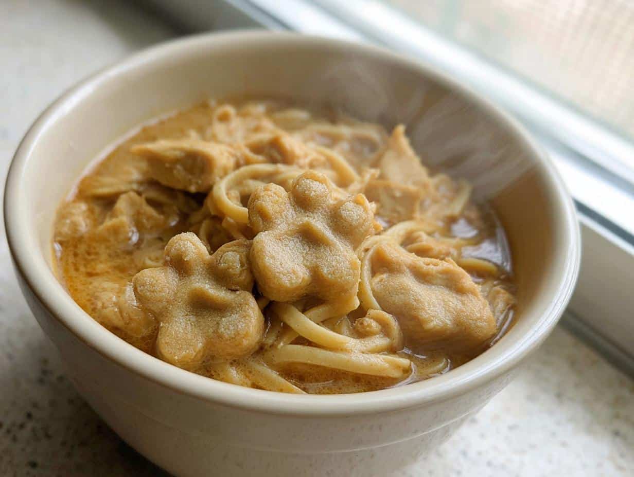 Close-up of steaming Peanut Butter Chicken Broth served in a beige bowl with noodles and paw-shaped dumplings.