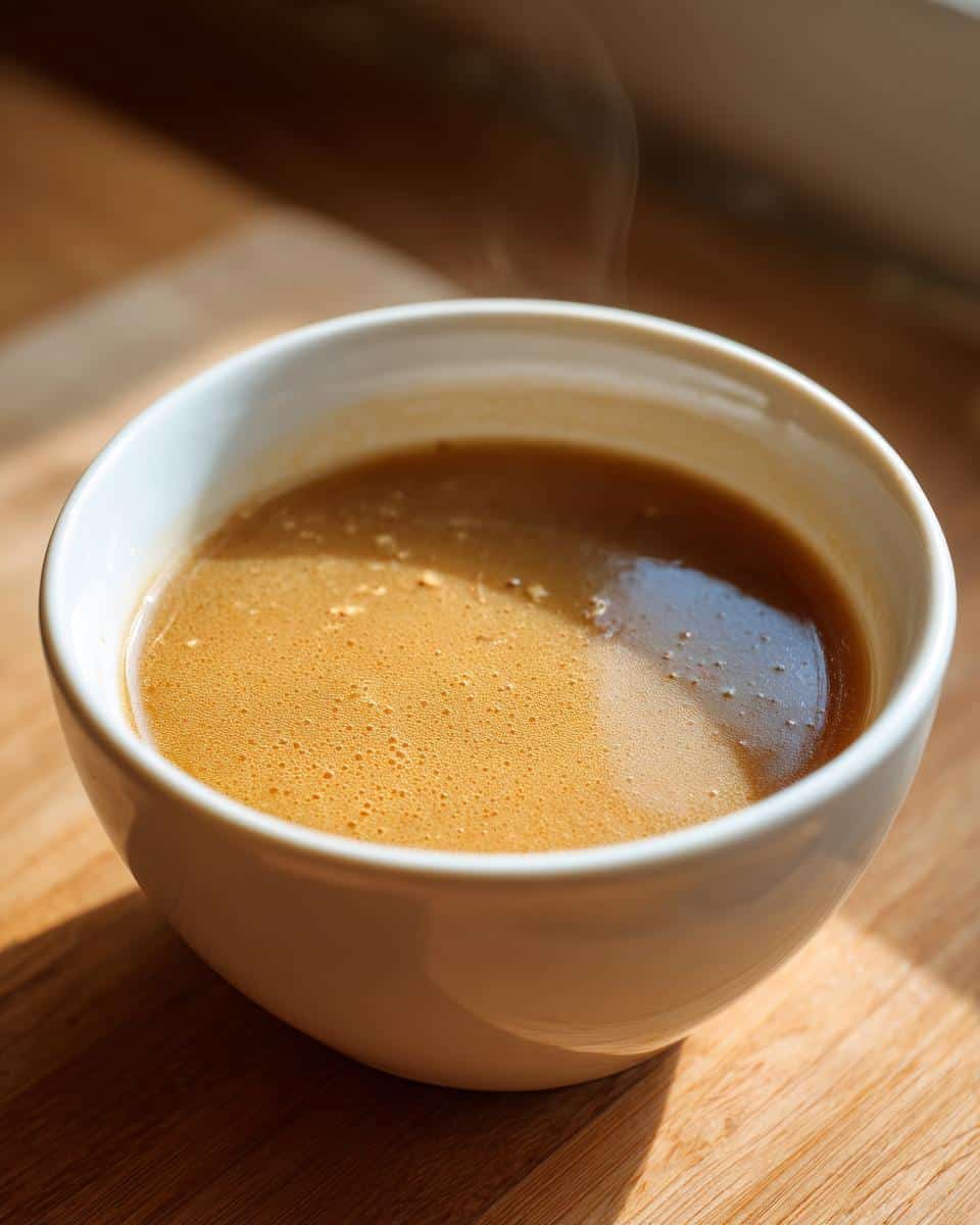 Close-up of warm Peanut Butter Chicken Broth Dog mixture steaming in a white bowl.