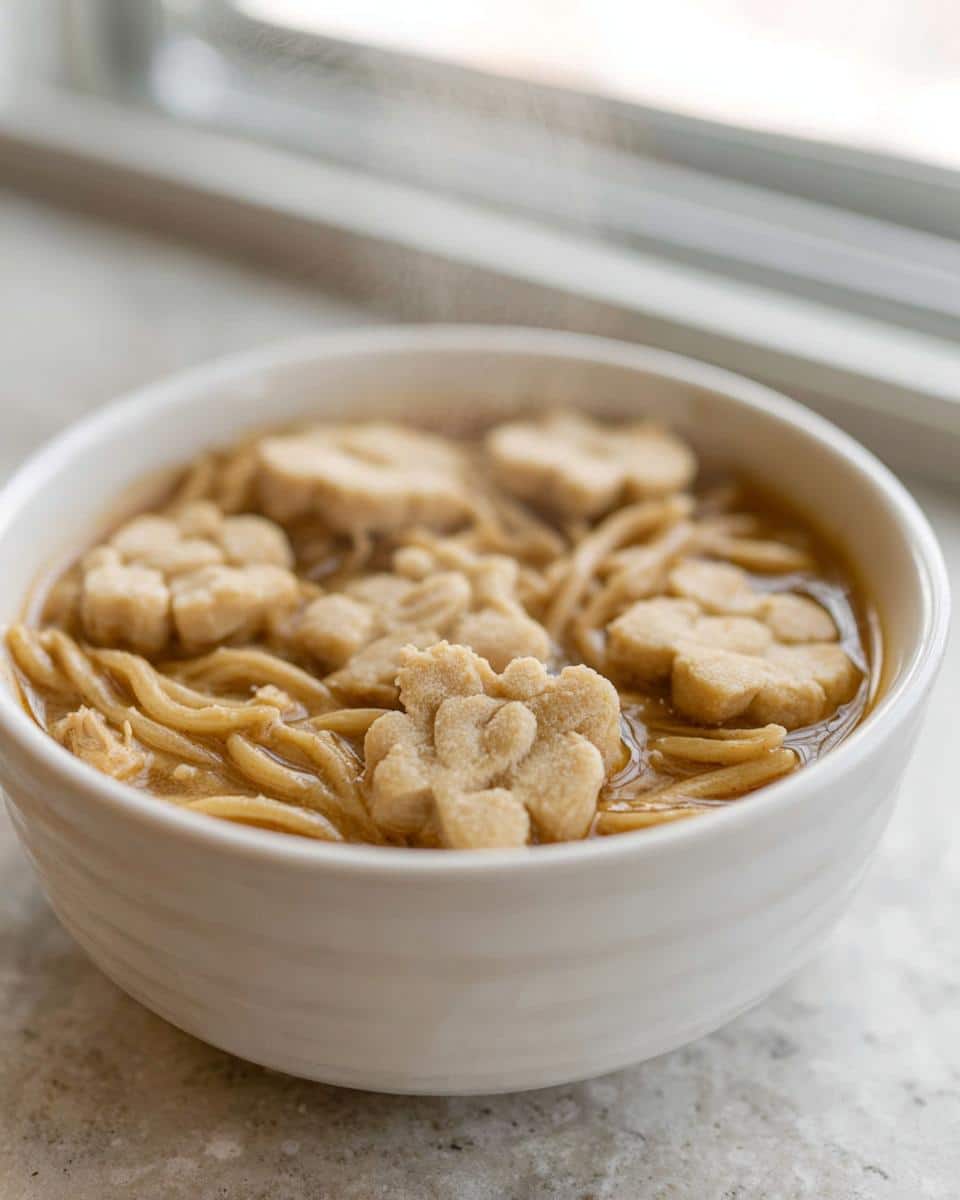 Close-up of hot Peanut Butter Chicken Broth with noodles and flower-shaped dumplings in a white bowl.