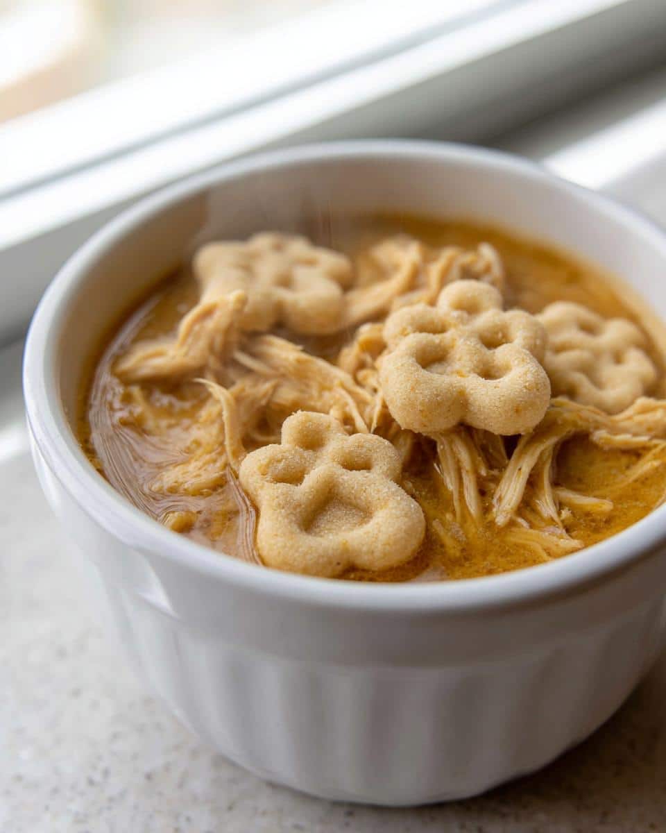 Close-up of steaming Peanut Butter Chicken Broth with shredded chicken and paw-shaped crackers in a white bowl.