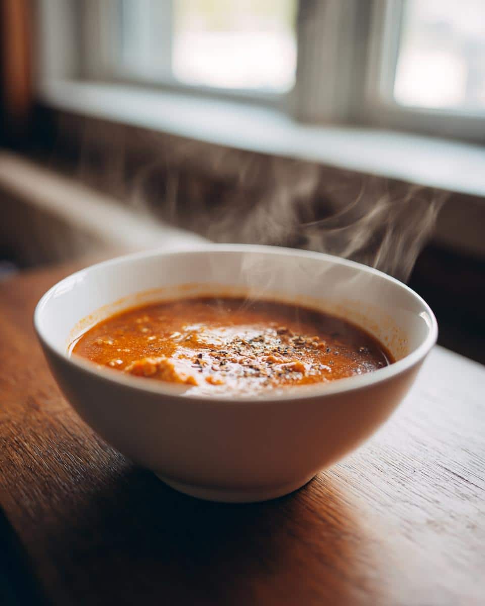 A steaming white bowl of rich, orange Pumpkin & Turkey Chili garnished with herbs, sitting on a wooden table.