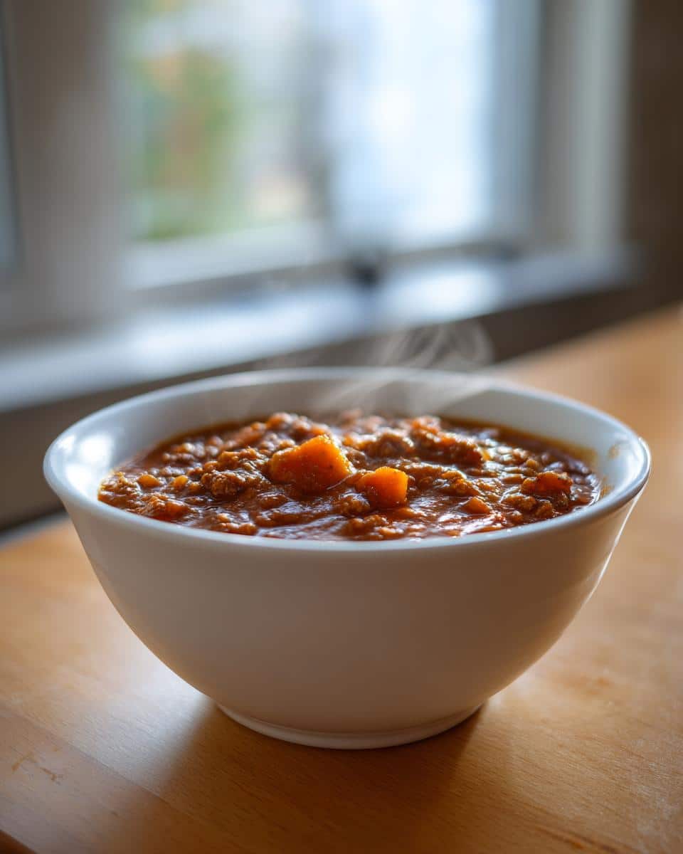 A steaming white bowl filled with rich Pumpkin & Turkey Chili, sitting on a wooden surface near a bright window.