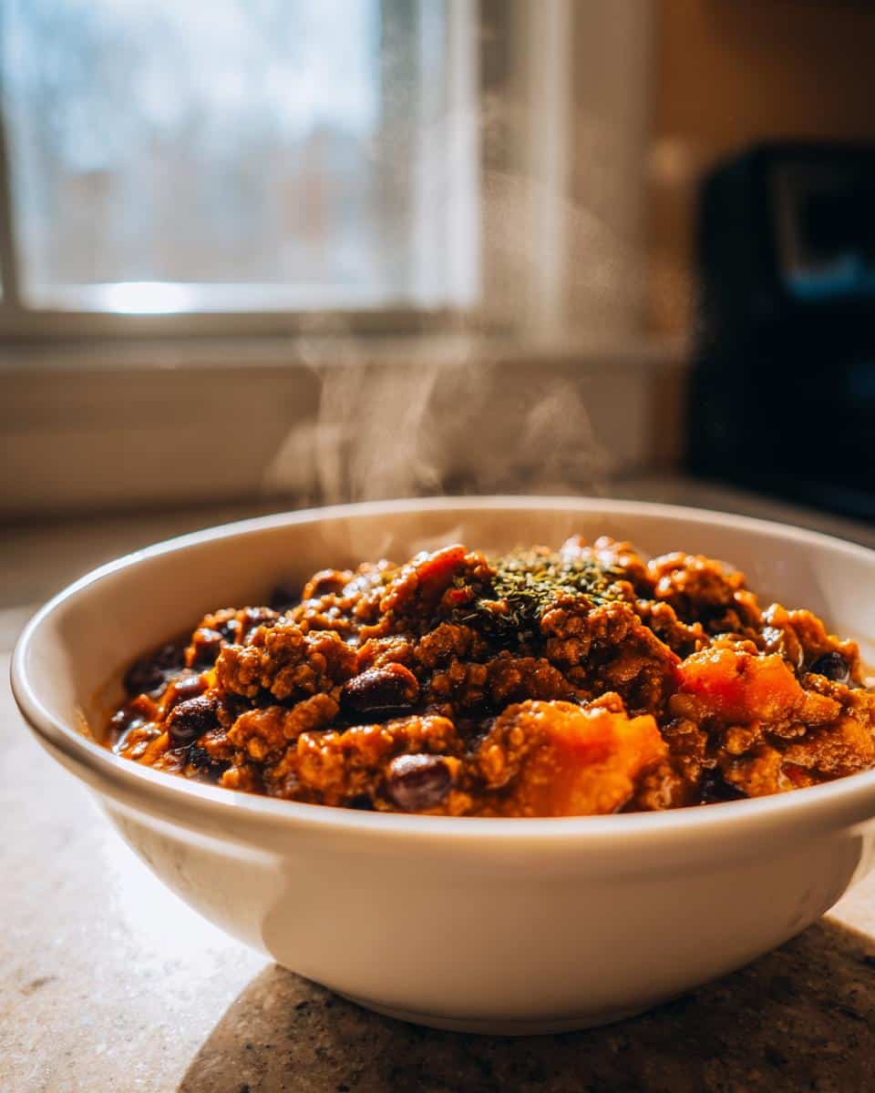 A close-up of a steaming white bowl filled with rich Turkey and Pumpkin Chili, topped with herbs.