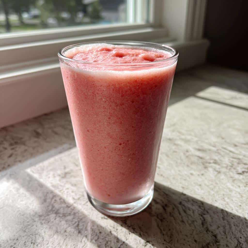 A tall glass filled with a thick, pink strawberry and bana smoothie sitting on a sunlit countertop near a window.