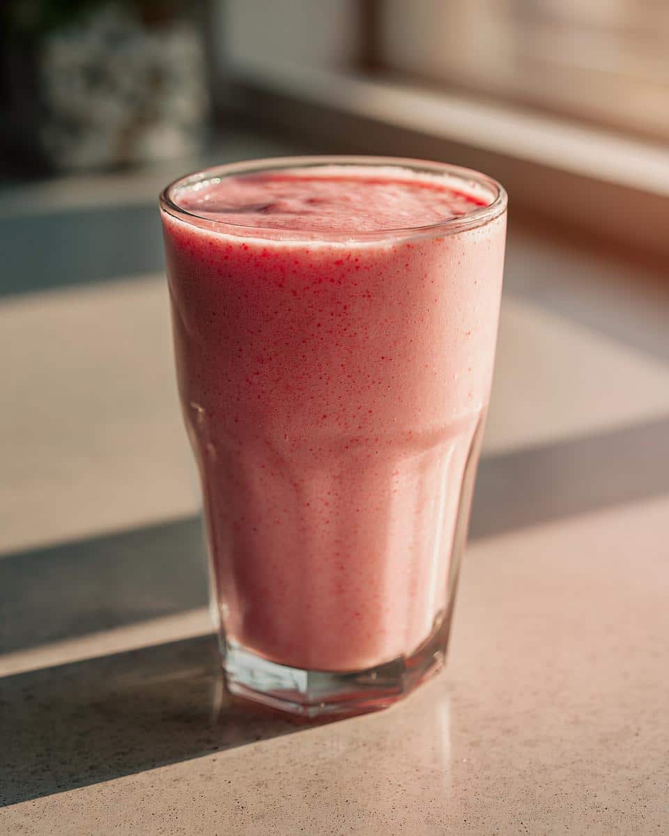 A tall glass filled with a thick, pink strawberry and bana smoothie, catching bright sunlight.