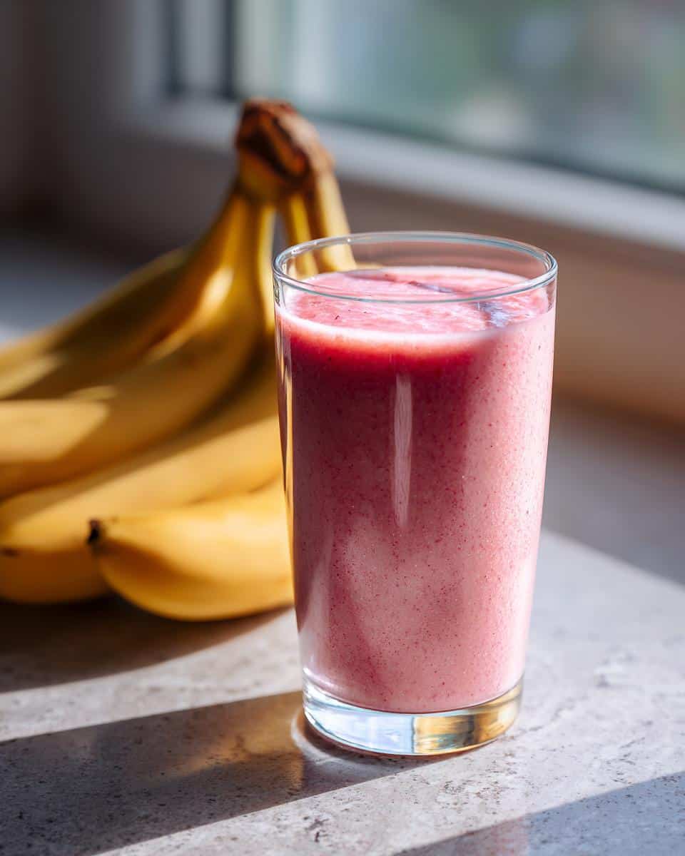 A tall glass filled with a pink strawberry and bana smoothie, with a bunch of ripe bananas blurred in the background.