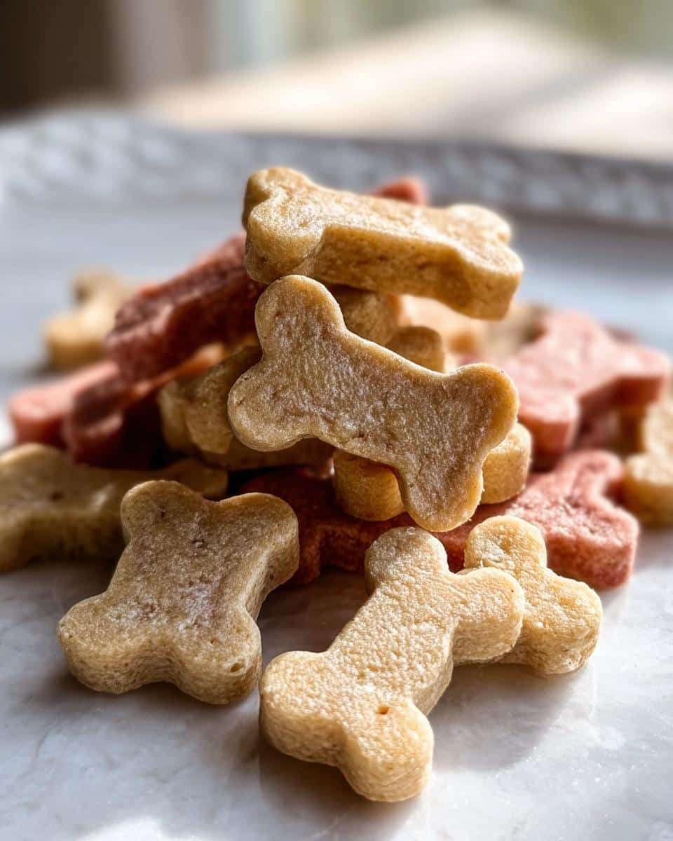 A close-up pile of bone-shaped Strawberry Banana Honey Dog Treats, showing both light and slightly pinkish varieties.