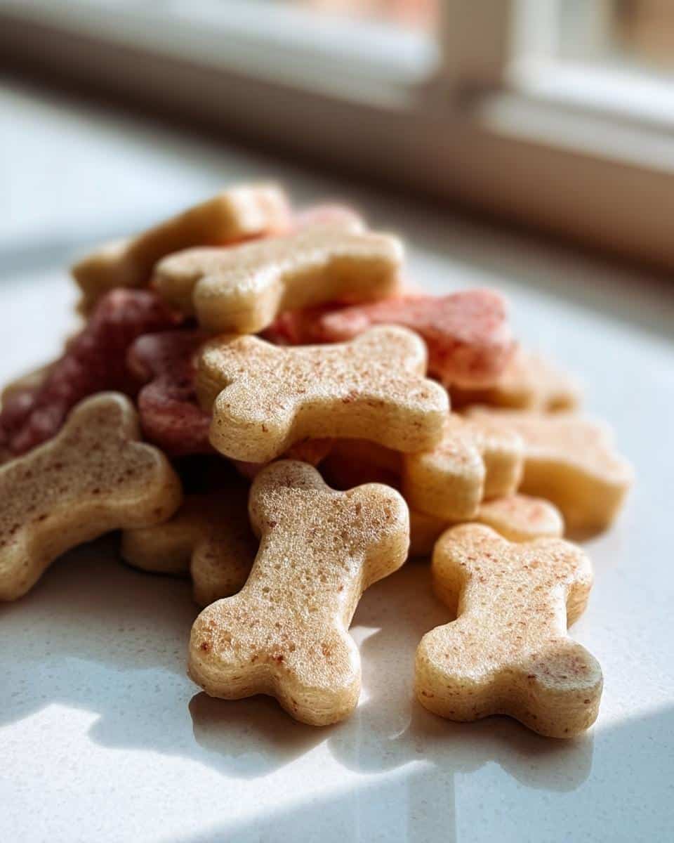 A close-up pile of bone-shaped Strawberry Banana Honey Dog Treats sitting on a light surface near a window.