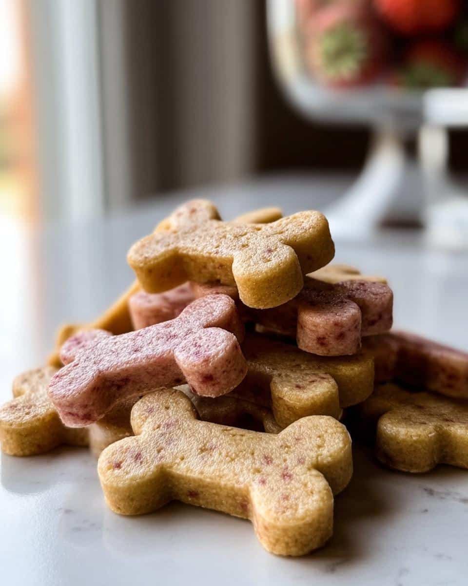 A close-up stack of freshly made, bone-shaped Strawberry Banana Honey Dog Treats on a white surface.