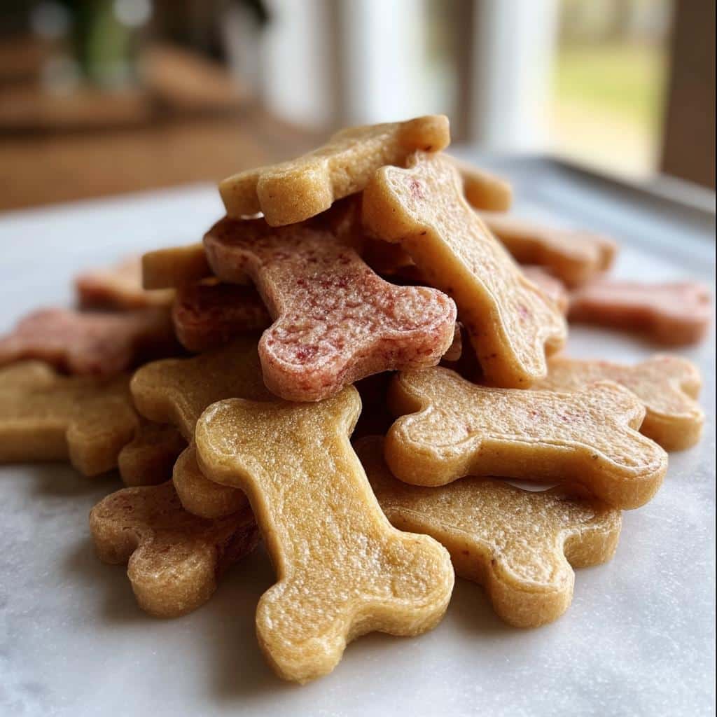 Close-up of a pile of bone-shaped Strawberry Banana Honey Dog Treats, showing both light yellow and pinkish varieties.