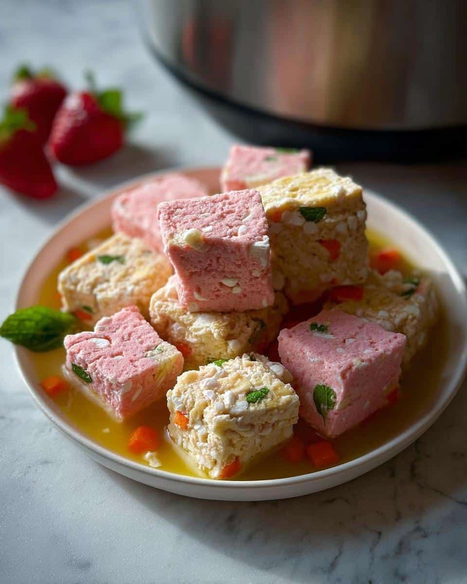 A plate of pink and white Strawberry Banana yogurt chew cubes soaking in a light yellow liquid with small orange pieces.